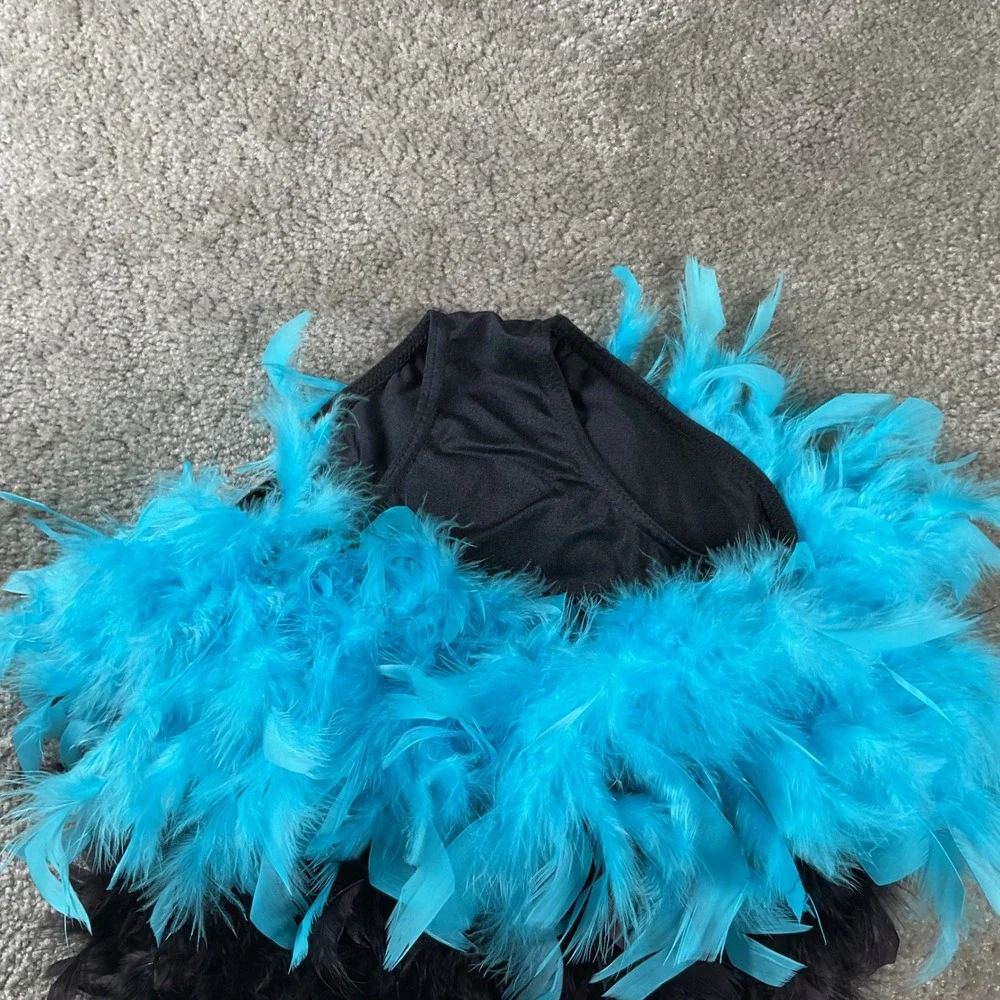 Weissman Dance Leotard Kids XSC Black Turquoise Sequin Feather Costume 13601